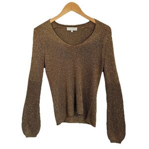 WHITE+WARREN Sweater Top Pullover M Gold Metallic Sparkle Lurex V-Neck Ribbed